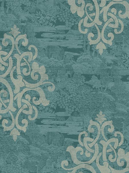 Eastern Garden Monotone with Damask fabric in blue color - pattern number AF41104 - by Pelican Prints in the Sumi Collection collection