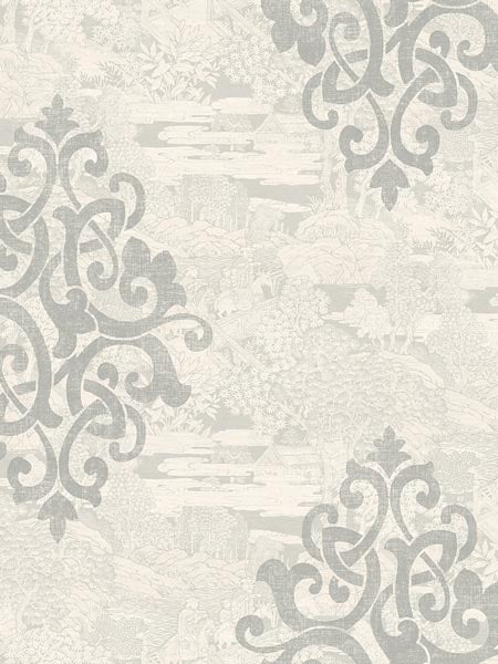 Eastern Garden Monotone with Damask fabric in white off white color - pattern number AF41108 - by Pelican Prints in the Sumi Collection collection