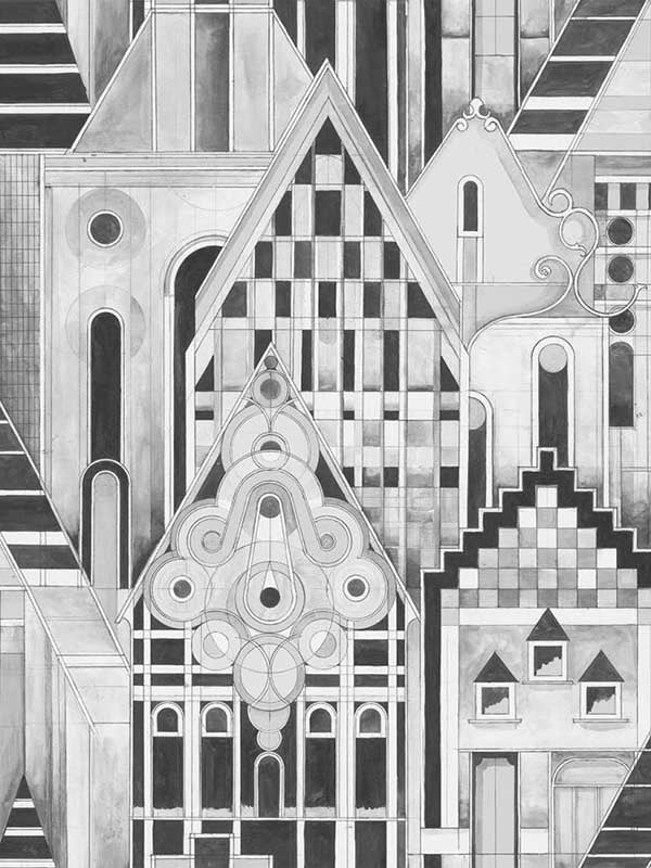Art Deco Village fabric in black color - pattern number SK90100 - by Pelican Prints in the Skyline collection
