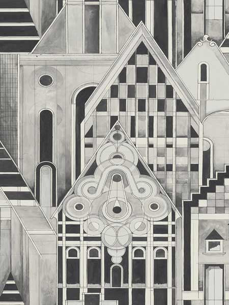 Art Deco Village fabric in silver pewter color - pattern number SK90108 - by Pelican Prints in the Skyline collection