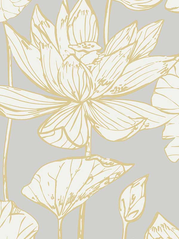 Water Lily Floral wallpaper in metallic gold and grey color - pattern number ET10906 - by Seabrook in the Etten Gallerie Online collection