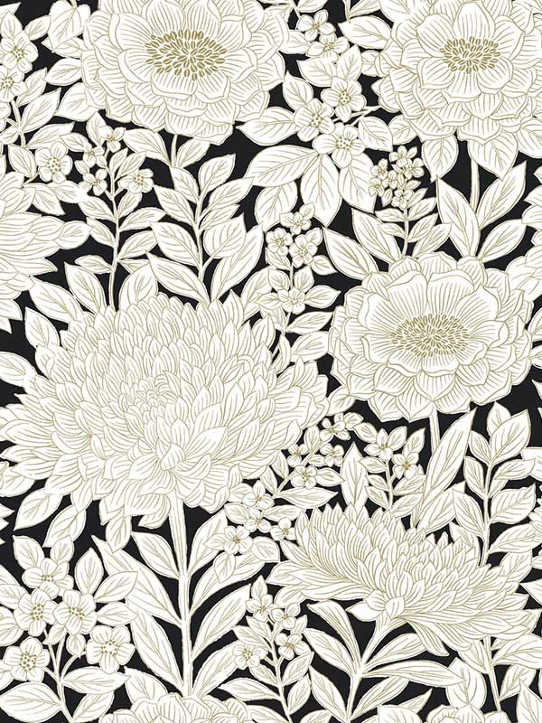 Wood Block Blooms fabric in black and gold color - pattern number BW3923 - by York in the Black and White Resource Library collection