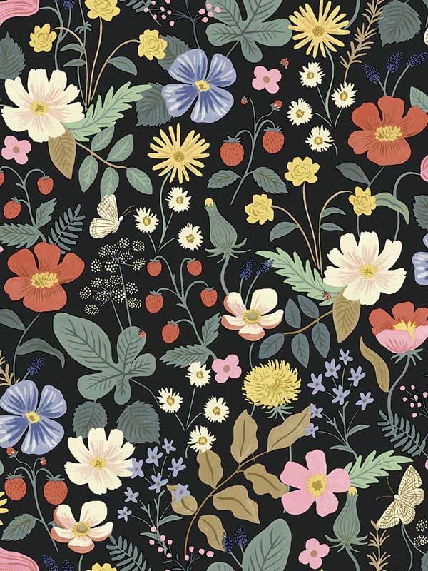 Strawberry Fields wallpaper in black and green color - pattern number RP7355 - by Rifle Paper Co in the Rifle Paper Co Second Edition collection