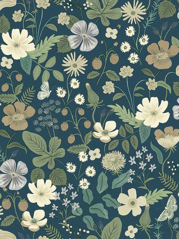 Strawberry Fields wallpaper in blue and green color - pattern number RP7359 - by Rifle Paper Co in the Rifle Paper Co Second Edition collection