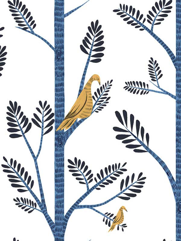 Aviary Branch Peel and Stick wallpaper in blue and yellow color - pattern number PSW1236RL - by York in the Risky Business Vol III Peel and Stick Wallpaper collection