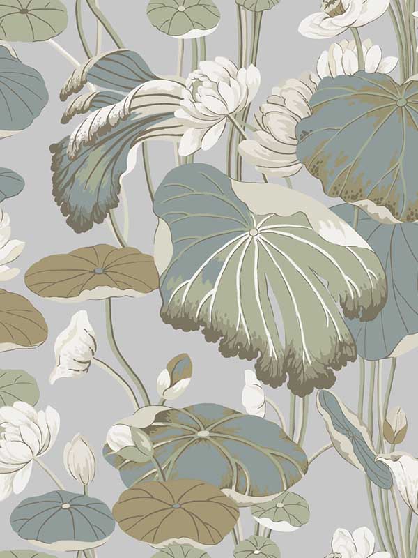 Lotus Pond wallpaper in grey and blue color - pattern number GO8294 - by York in the Greenhouse collection