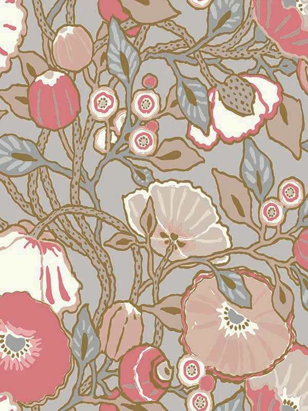Poppies fabric in grey and pink metallic color - pattern number GO8314 - by York in the Greenhouse collection