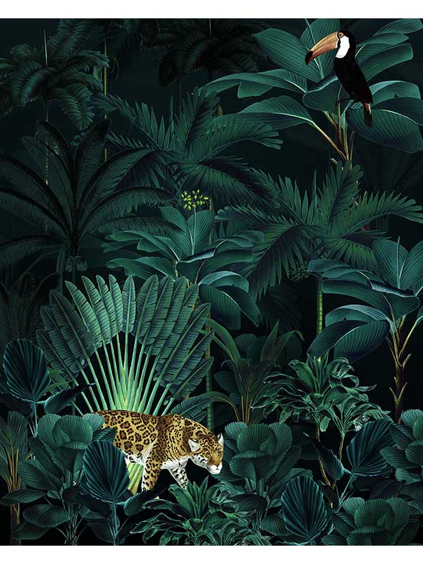 Jungle Night 4 Panel mural in green color - pattern number X4-1027 - by Brewster in the Komar Colours collection