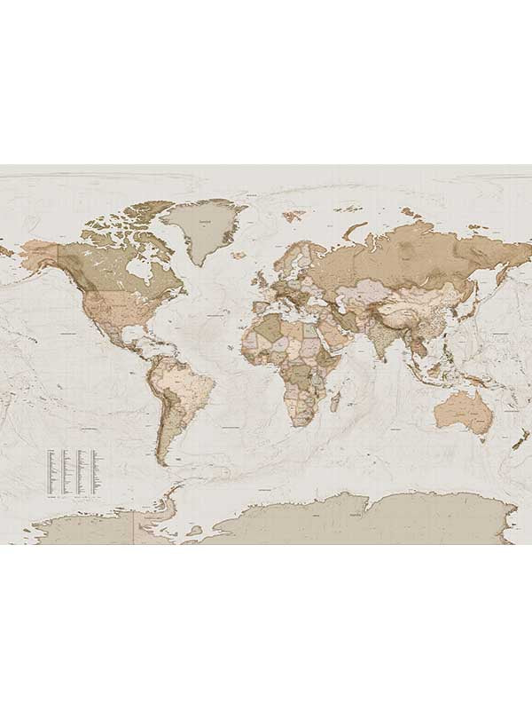 Earth Map 7 Panel mural in neutral color - pattern number X7-1015 - by Brewster in the Komar Colours collection