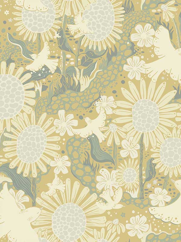 Dromma Songbirds and Sunflowers fabric in butter color - pattern number 4111-63010 - by A Street Prints in the Briony collection