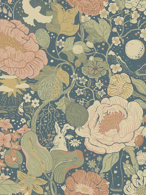 Vaxa Rabbits and Rosehips wallpaper in teal color - pattern number 4111-63013 - by A Street Prints in the Briony collection