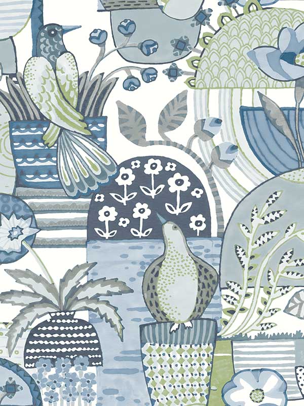 Fika Blissful Birds and Blooms wallpaper in blue color - pattern number 4066-26555 - by A Street Prints in the Hannah collection