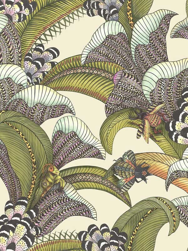 Hoopoe Leaves fabric in olive chart fuchsia cream color - pattern number 119/1001.CS.0 - by Cole and Son in the Ardmore Jabula collection