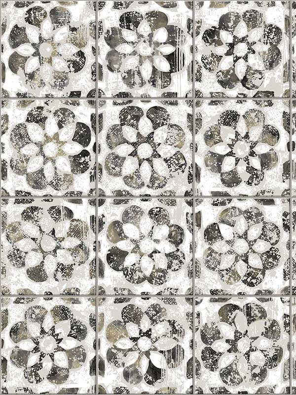Izeda Floral Tile fabric in black color - pattern number 2980-26196 - by Advantage in the Splash collection