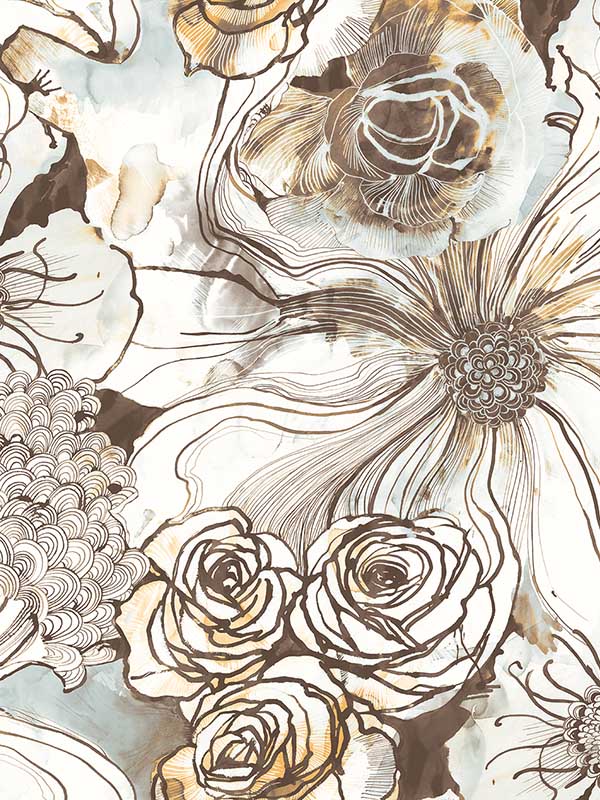 Ink Rose Peel and Stick wallpaper in mocha and blue mist color - pattern number HG10106 - by NextWall in the Peel and Stick Wallpaper by Harry and Grace collection