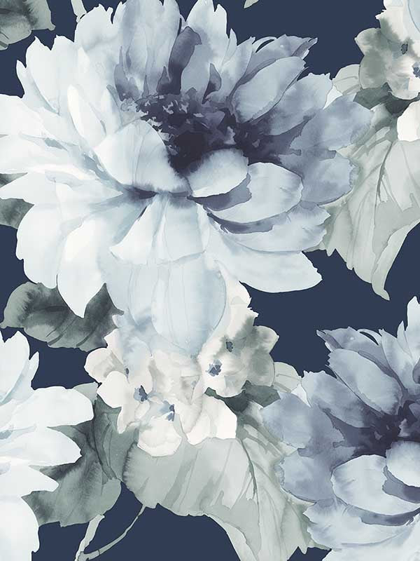 Watercolor Floral Peel and Stick wallpaper in navy blue and slate green color - pattern number HG10302 - by NextWall in the Peel and Stick Wallpaper by Harry and Grace collection