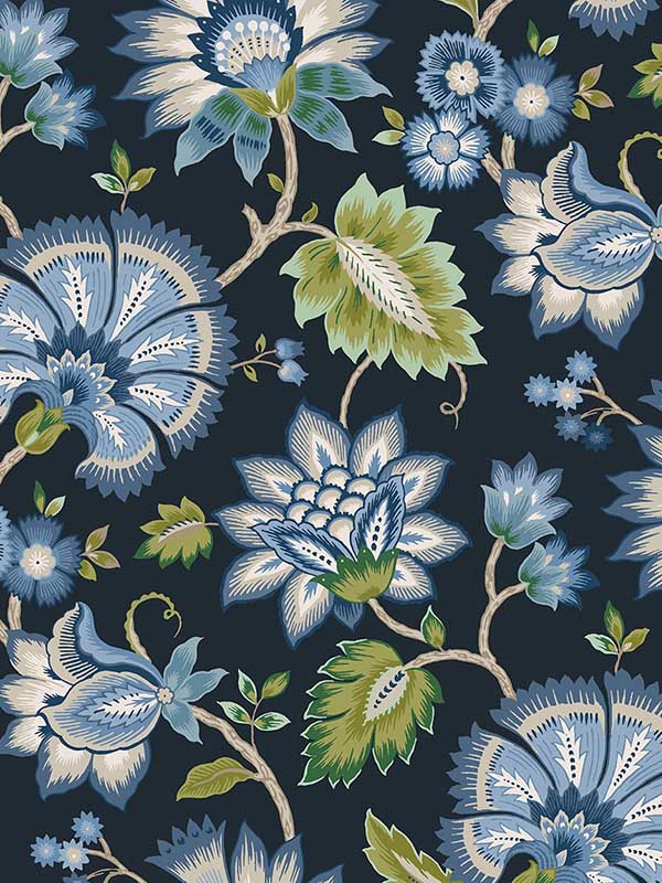 Jacobean Blossom Floral Peel and Stick fabric in midnight blue color - pattern number NW42712 - by NextWall in the Peel and Stick Wallpaper by Nextwall collection