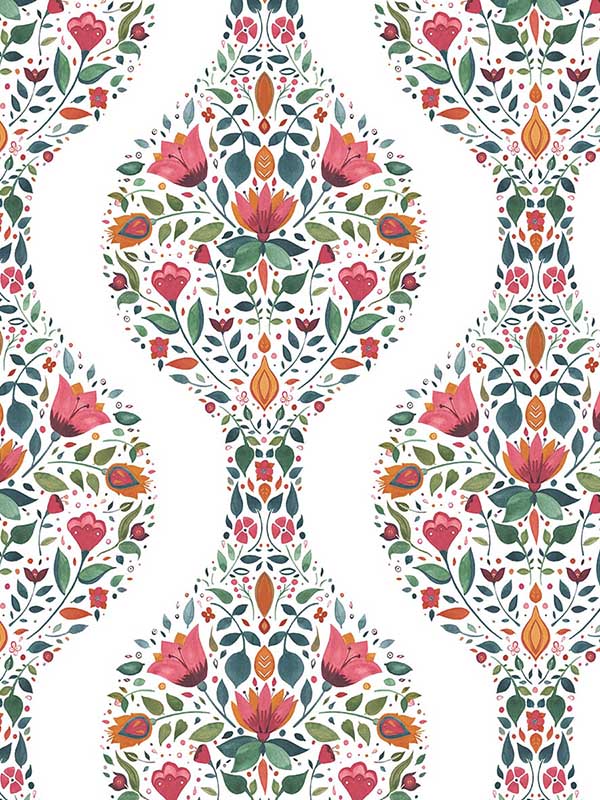 Floral Ogee Peel and Stick fabric in rose pink and spruce color - pattern number NW45001 - by NextWall in the Peel and Stick Wallpaper by Nextwall collection