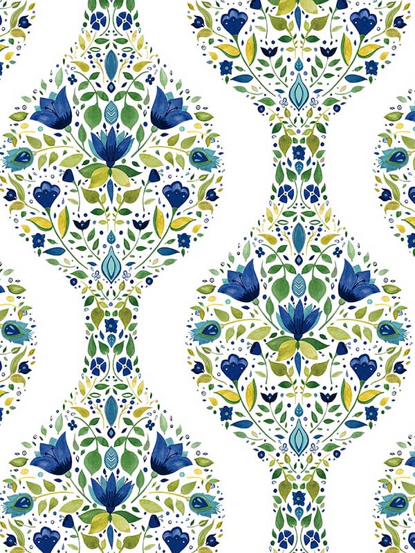 Floral Ogee Peel and Stick fabric in cobalt and spring green color - pattern number NW45004 - by NextWall in the Peel and Stick Wallpaper by Nextwall collection