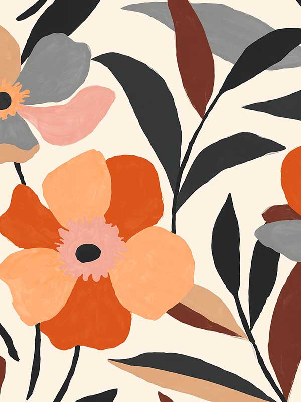 Garden Block Floral Peel and Stick wallpaper in orange and ebony color - pattern number NW45306 - by NextWall in the Peel and Stick Wallpaper by Nextwall collection