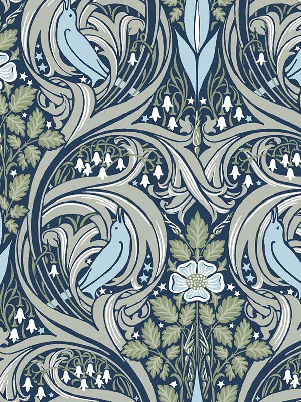 Bird Ogee Peel and Stick fabric in navy and fern green color - pattern number NW46204 - by NextWall in the Peel and Stick Wallpaper by Nextwall collection