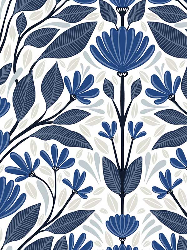 Folk Floral Peel and Stick wallpaper in blue sapphire and pavestone color - pattern number NW47102 - by NextWall in the Peel and Stick Wallpaper by Nextwall collection