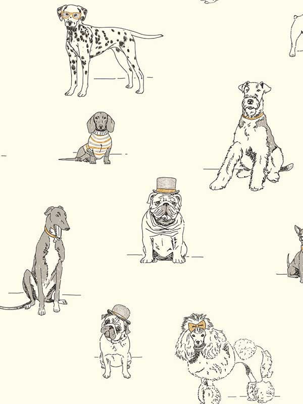 Dogs Life fabric in silver and gold metallic color - pattern number AF1938 - by York in the Inspired by Color Black and White III collection