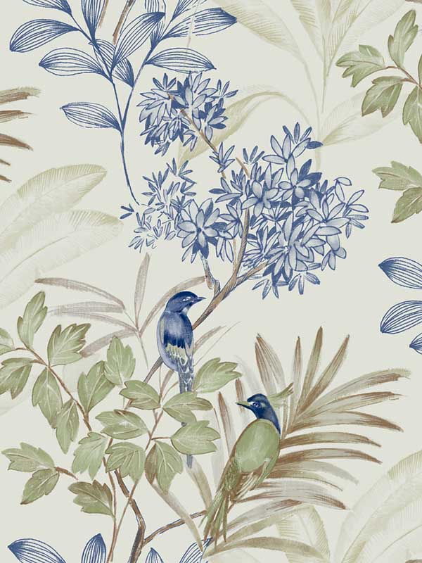 Handpainted Songbird wallpaper in green and blue color - pattern number TL1928 - by York in the Inspired by Color Blues II collection