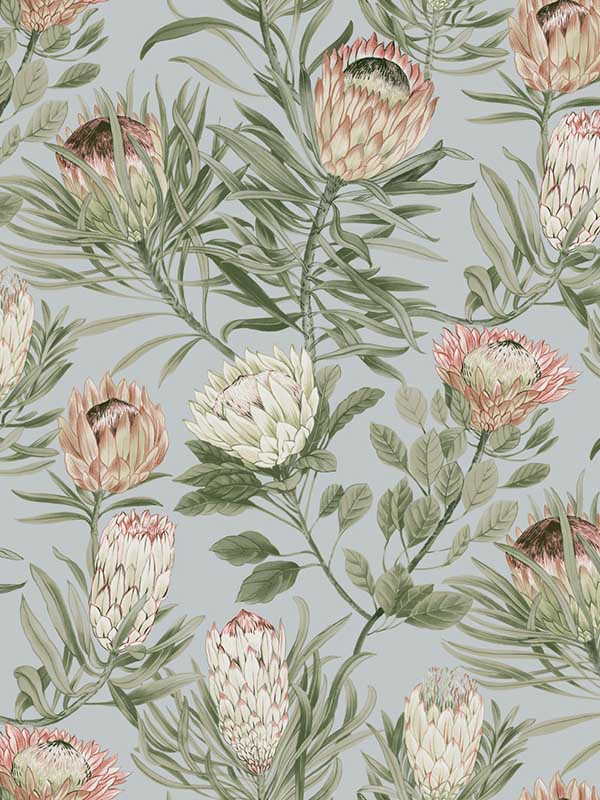Protea wallpaper in dusty blue and coral color - pattern number BL1755 - by York in the Blooms Second Edition collection