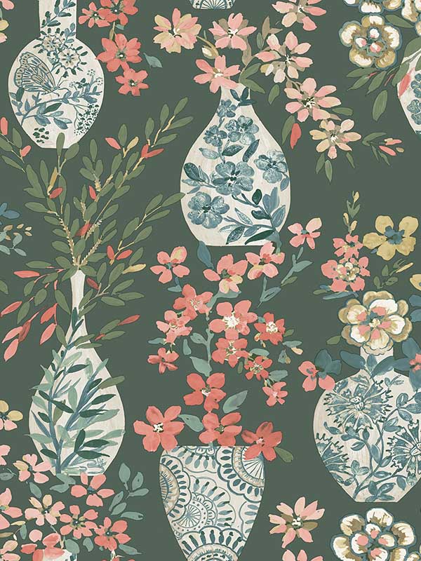 Harper Floral Vase wallpaper in green color - pattern number 4120-72000 - by A Street Prints in the Middleton collection