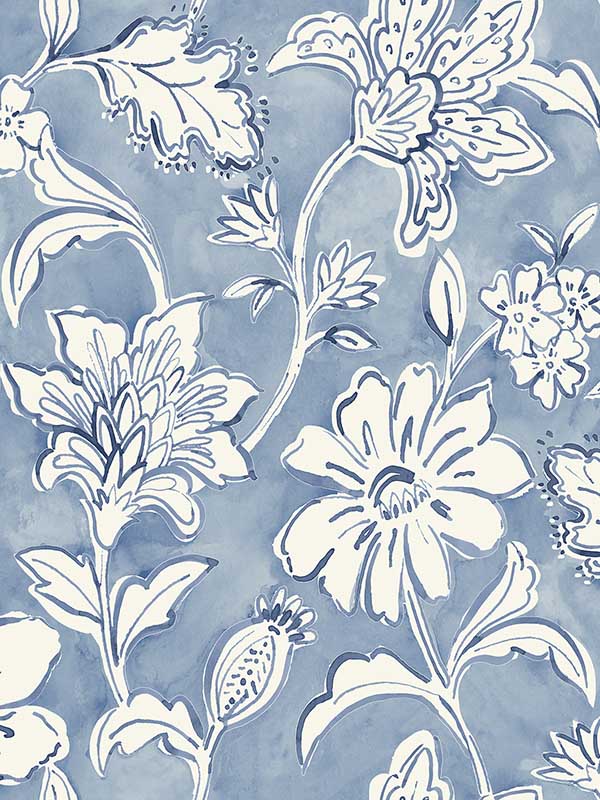 Plumeria Floral Trail wallpaper in blue color - pattern number 4071-71040 - by Chesapeake in the Blue Heron collection