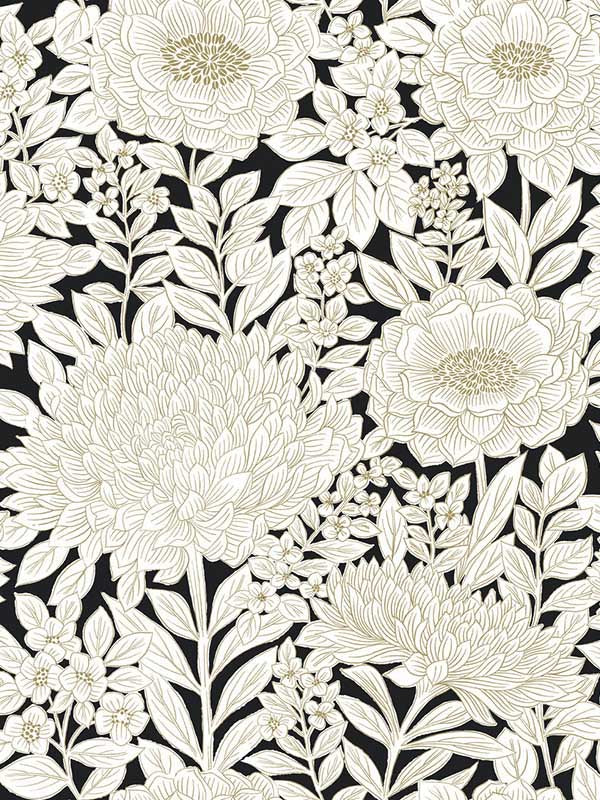 Wood Block Blooms fabric in black and gold color - pattern number BW3923 - by York in the Inspired by Color Shimmering Finishes collection
