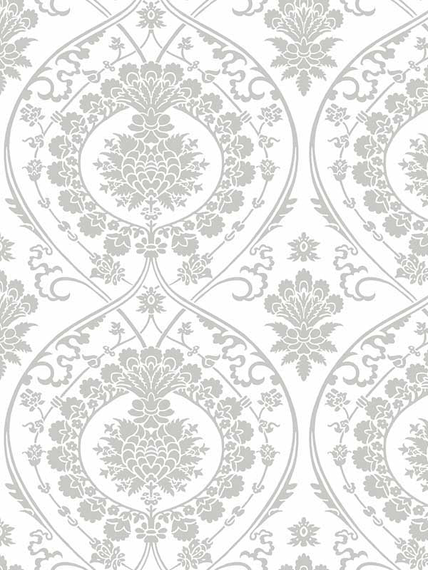 Imperial Damask fabric in white and silver color - pattern number DM4905 - by York in the Inspired by Color Shimmering Finishes collection