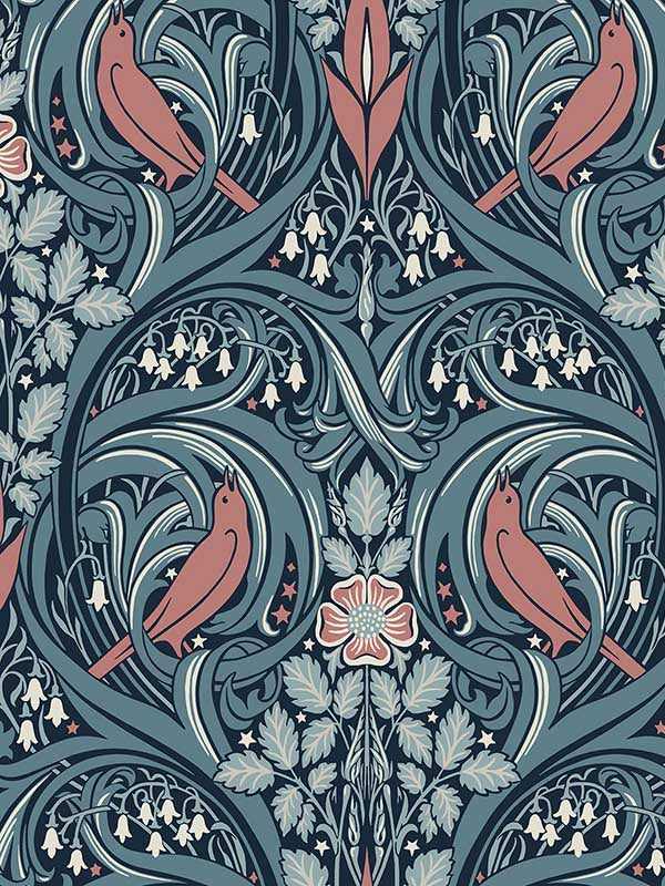 Bird Scroll fabric in aegean teal and coral color - pattern number ET12222 - by Seabrook in the Legacy Prints collection