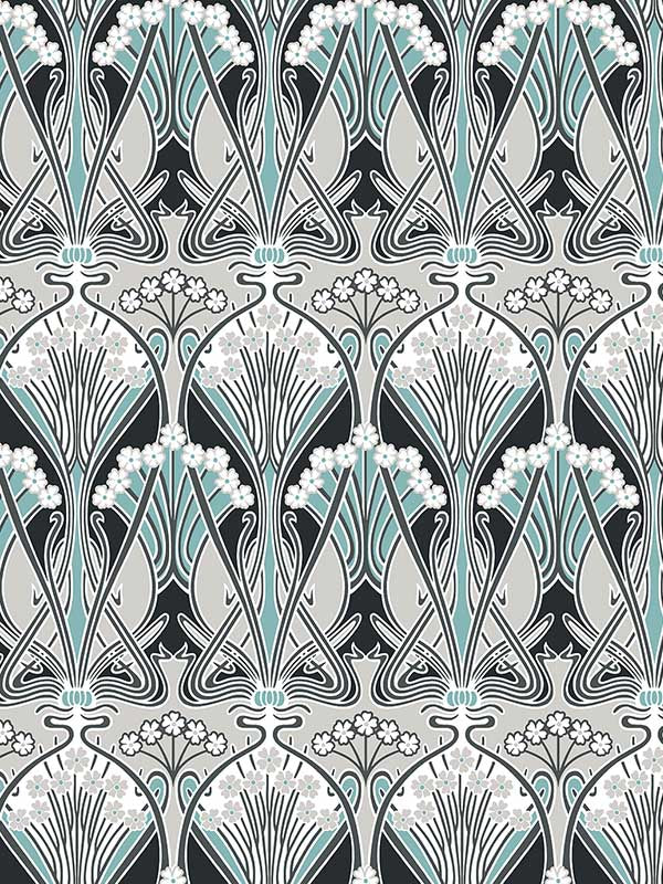 Dragonfly Damask wallpaper in ebony and aqua color - pattern number ET12404 - by Seabrook in the Legacy Prints collection
