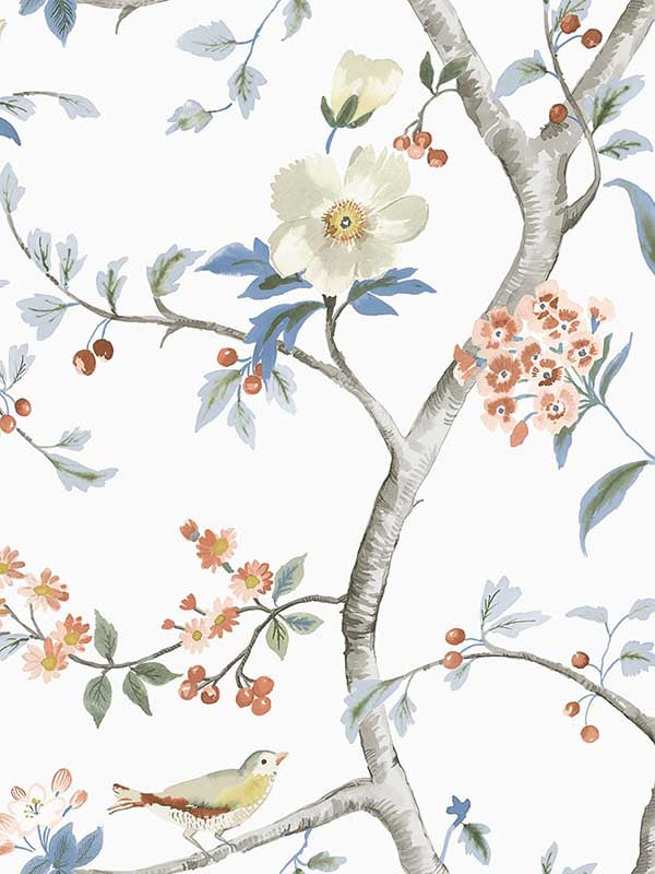 Sparrow Haven fabric in melon and carolina blue color - pattern number LN40006 - by Seabrook in the Lillian August Coastal Haven collection