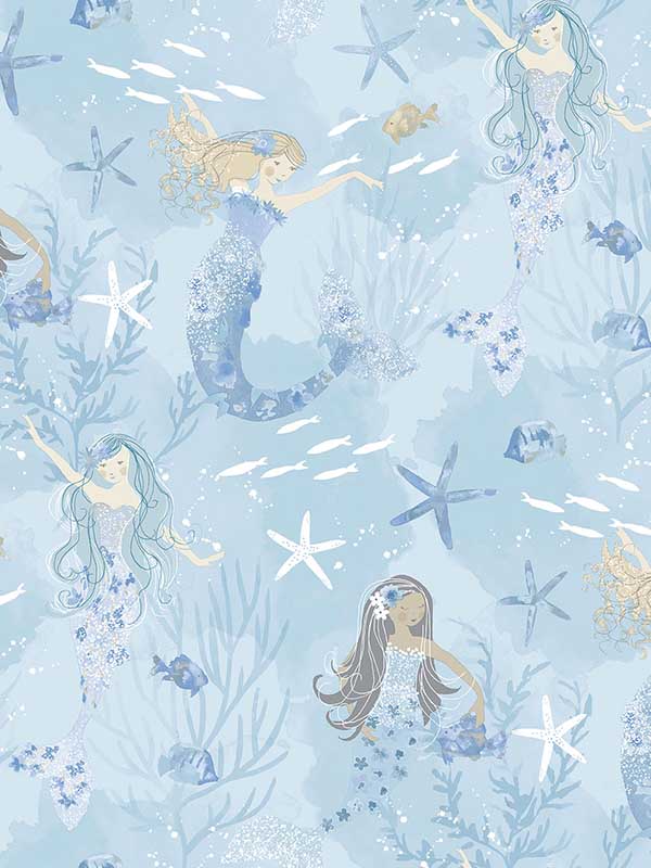 Mermaids fabric in blues purple glitter color - pattern number G78388 - by Galerie in the Tiny Tots 2 collection