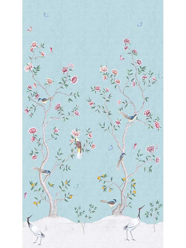 Chinoiserie Birds mural in blue color - pattern number 19111 - by Galerie in the Spring Blossom collection