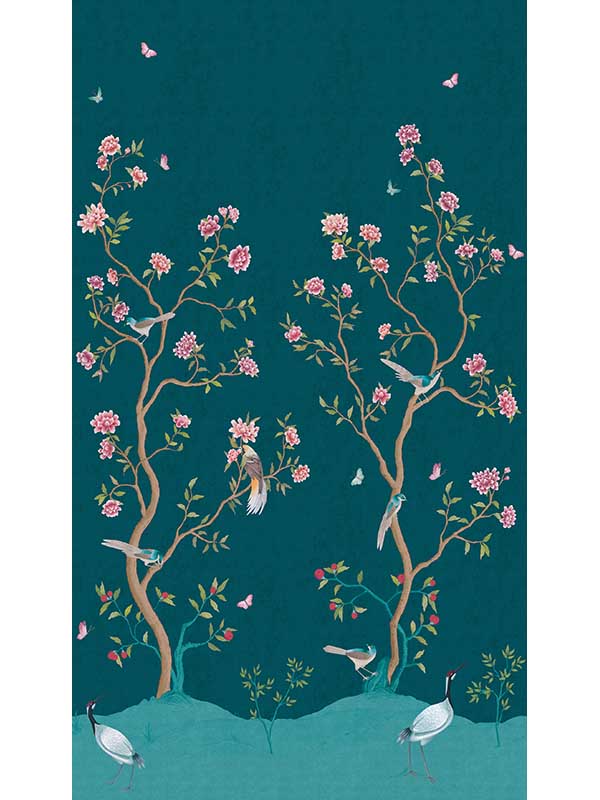 Chinoiserie Birds mural in green color - pattern number 19113 - by Galerie in the Spring Blossom collection