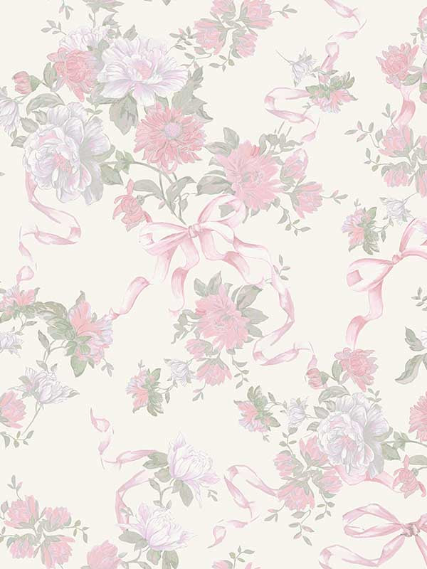 Cabbage Rose Bow Ribbons and Roses fabric in pretty in pink color - pattern number AST4653 - by A Street Prints in the Love Shack Fancy collection
