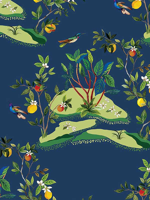 Citrus Hummingbird wallpaper in navy blue color - pattern number DBW9002 - by Wallquest in the West Boulevard by Daisy Bennett collection