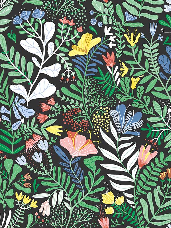 Brittsommar Woodland Floral fabric in black color - pattern number 4143-22006 - by A Street Prints in the Botanica collection