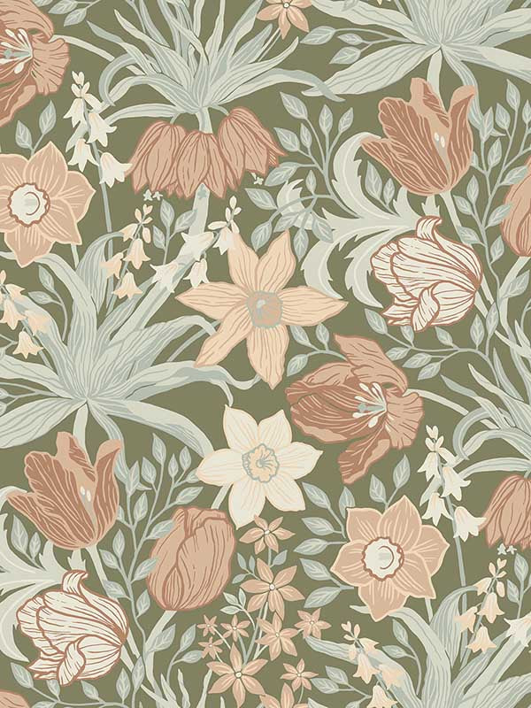 Cecilia Tulip and Daffodil fabric in moss color - pattern number 4143-34029 - by A Street Prints in the Botanica collection