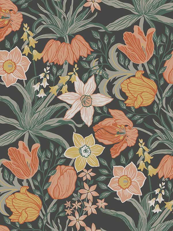 Cecilia Tulip and Daffodil fabric in black color - pattern number 4143-34031 - by A Street Prints in the Botanica collection