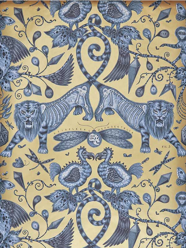 Extinct wallpaper in blue color - pattern number W0100/01.CAC.0 - by Clarke and Clarke in the Animalia by Emma J Shipley collection