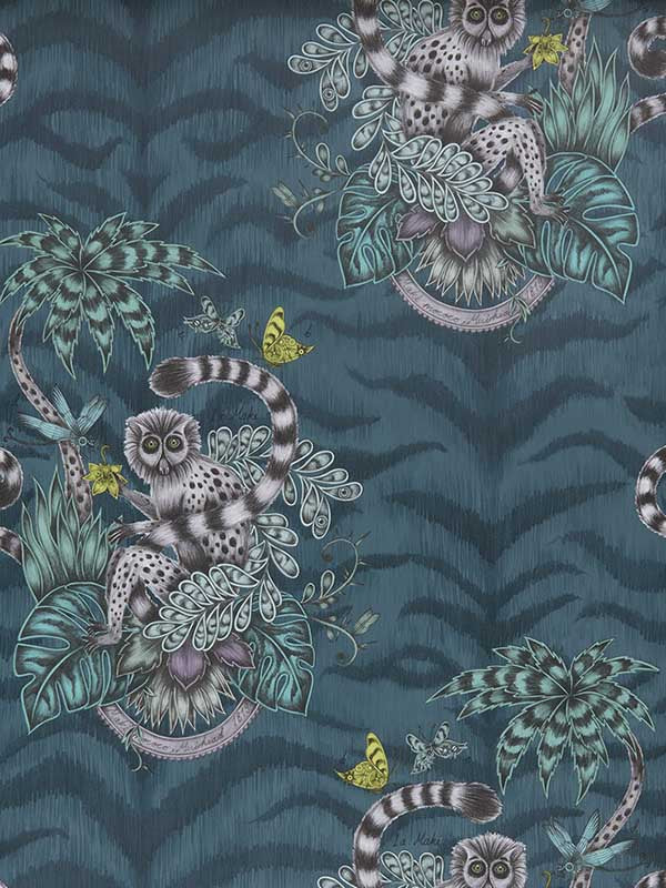 Lemur wallpaper in navy color - pattern number W0103/03.CAC.0 - by Clarke and Clarke in the Animalia by Emma J Shipley collection