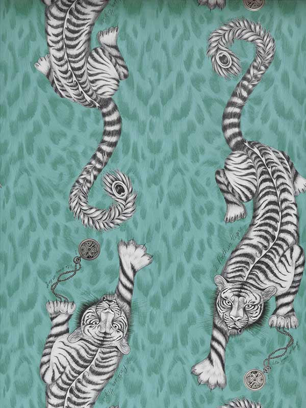 Tigris wallpaper in teal color - pattern number W0105/05.CAC.0 - by Clarke and Clarke in the Animalia by Emma J Shipley collection