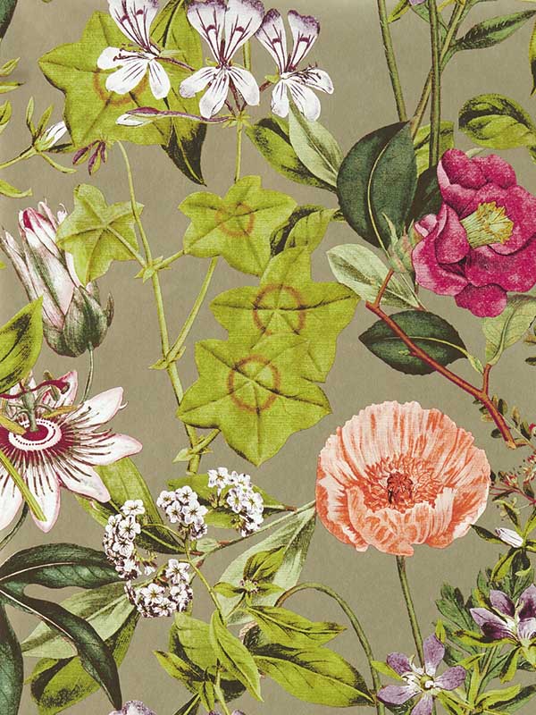 Passiflora wallpaper in mulberry gilver color - pattern number W0143/03.CAC.0 - by Clarke and Clarke in the Exotica 2 collection