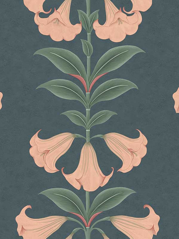 Angels Trumpet fabric in coral and viridian on ink color - pattern number 117/3009.CS.0 - by Cole and Son in the Seville collection