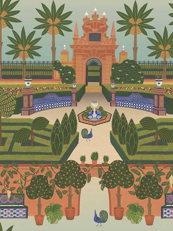Alcazar Gardens fabric in terracotta spring green multi color - pattern number 117/7020.CS.0 - by Cole and Son in the Seville collection